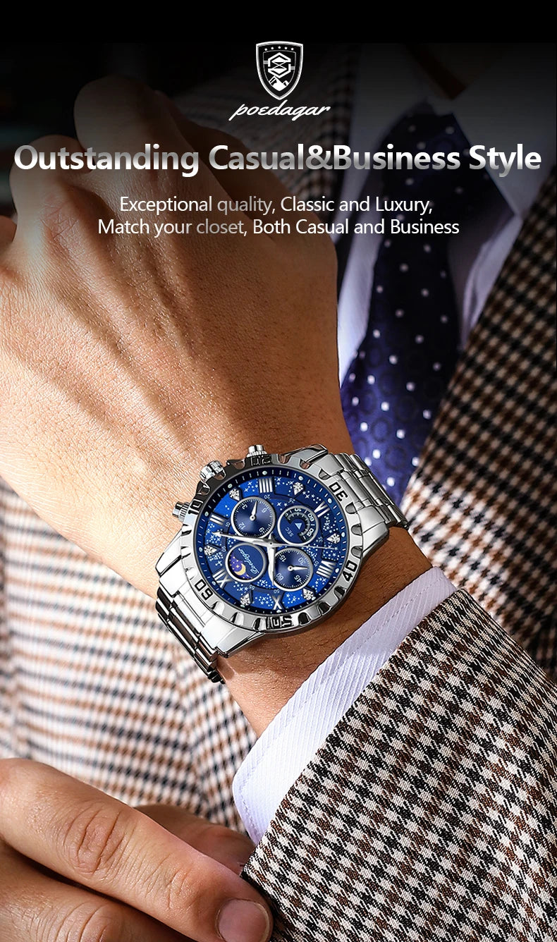 POEDAGAR Luxury Military Watches For Men Stainless Steel Quartz Waterproof Luminous Man Watch Chronograph Sport Men's Wristwatch