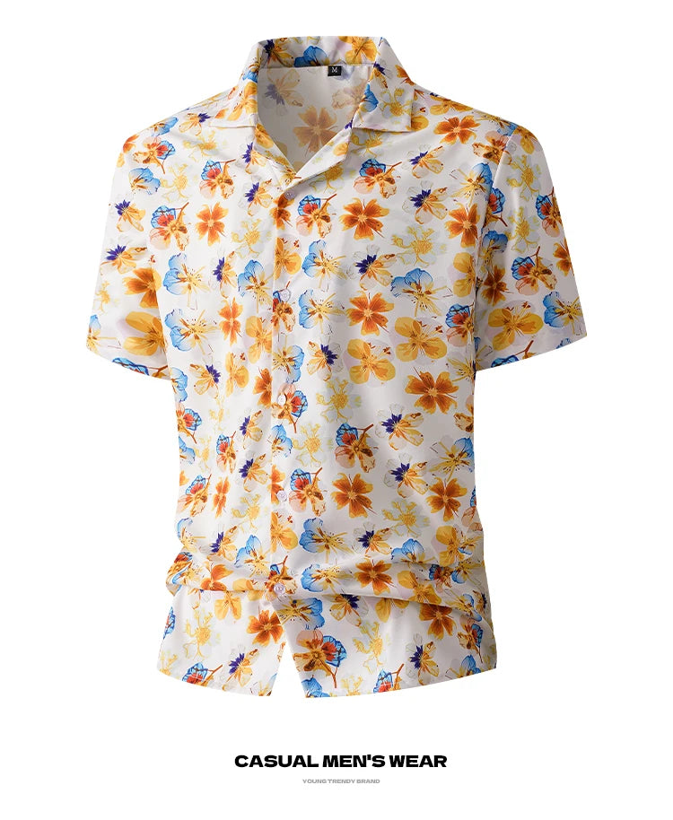 Men Loose Short Sleeve Shirt Trendy Printed Shirt Jacket