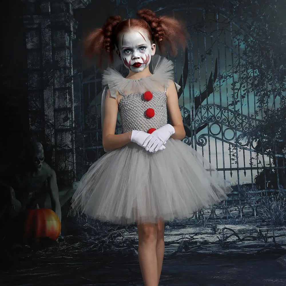 2025 Halloween Cosplay Costume For Kids Gray Joker Girls Tutu Dress Scary Clown Costume Carnival Party Dress Up