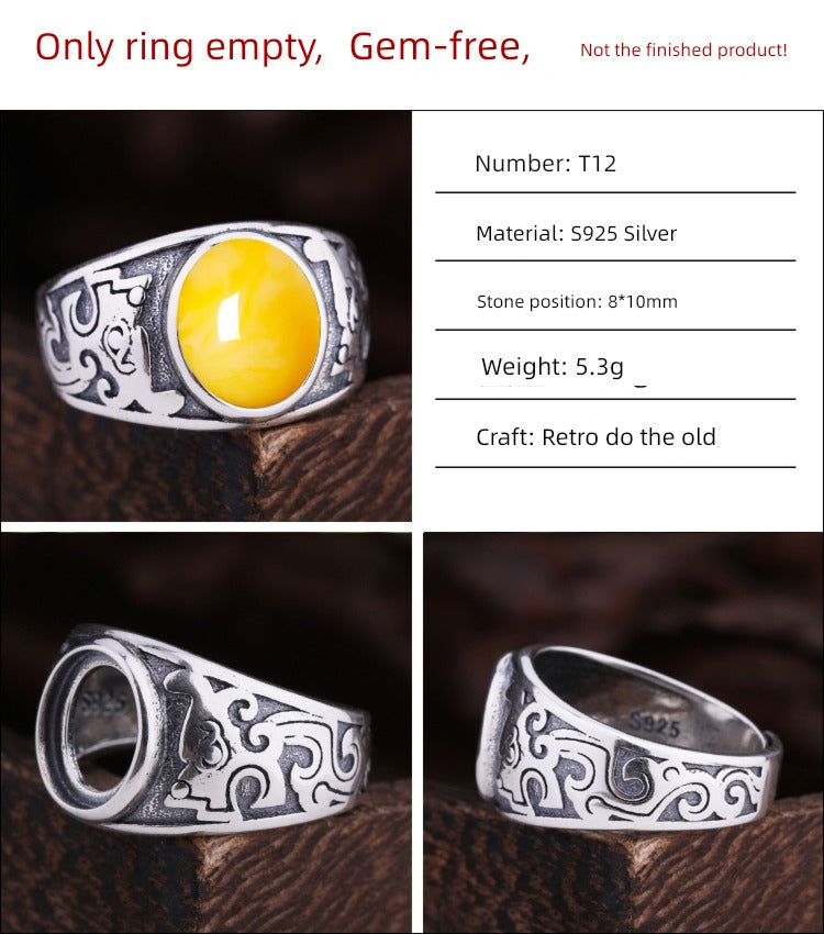 S925 Sterling Silver Ring Frame DIY Inlaid Beeswax Turquoise Amber South Red Ring Gem Opening Men Square Ring Setting