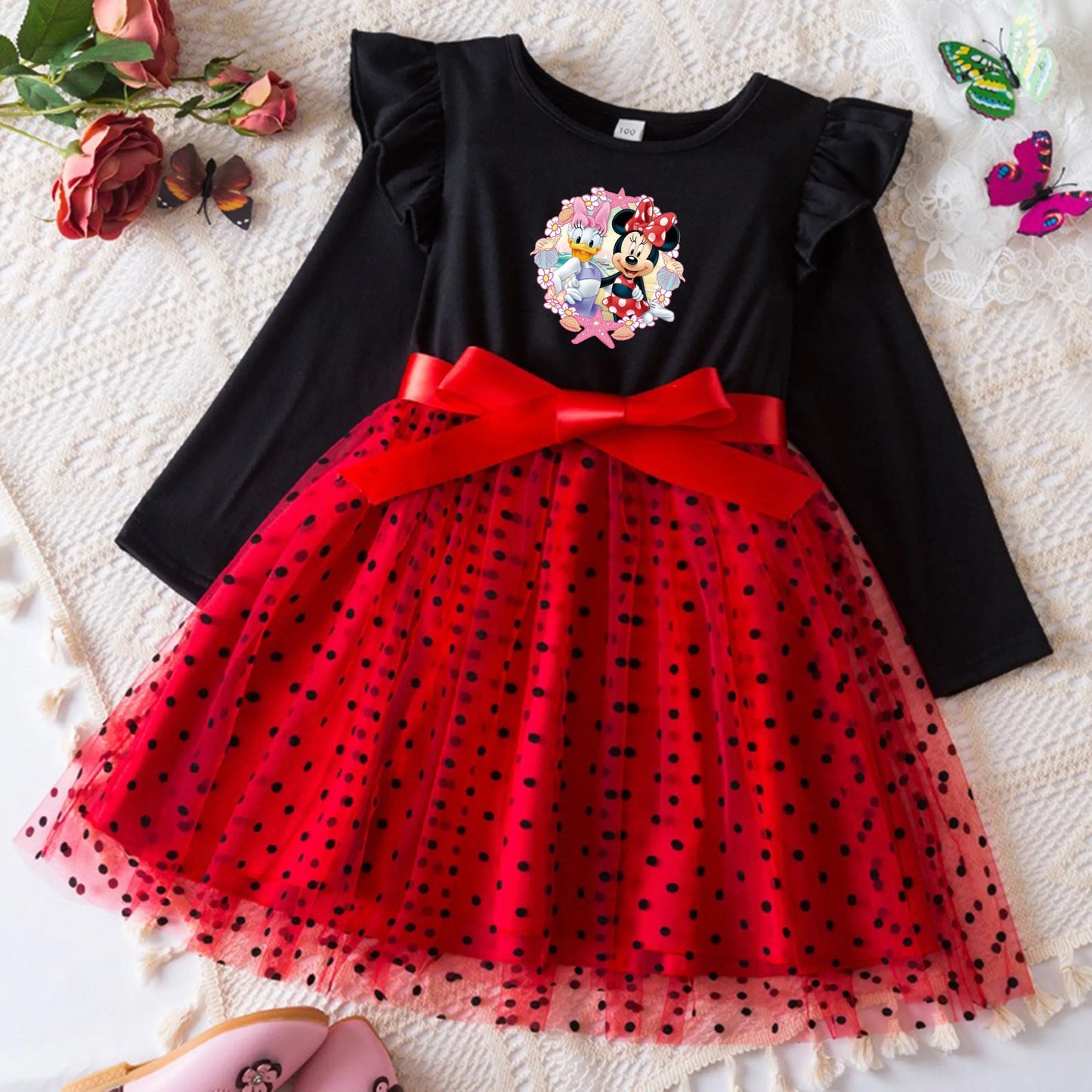 Mickey Minnie Fall Dresses for Girls Dresses Birthday Party Long Sleeve Princess Costume Teen Children's Party Clothes Autumn
