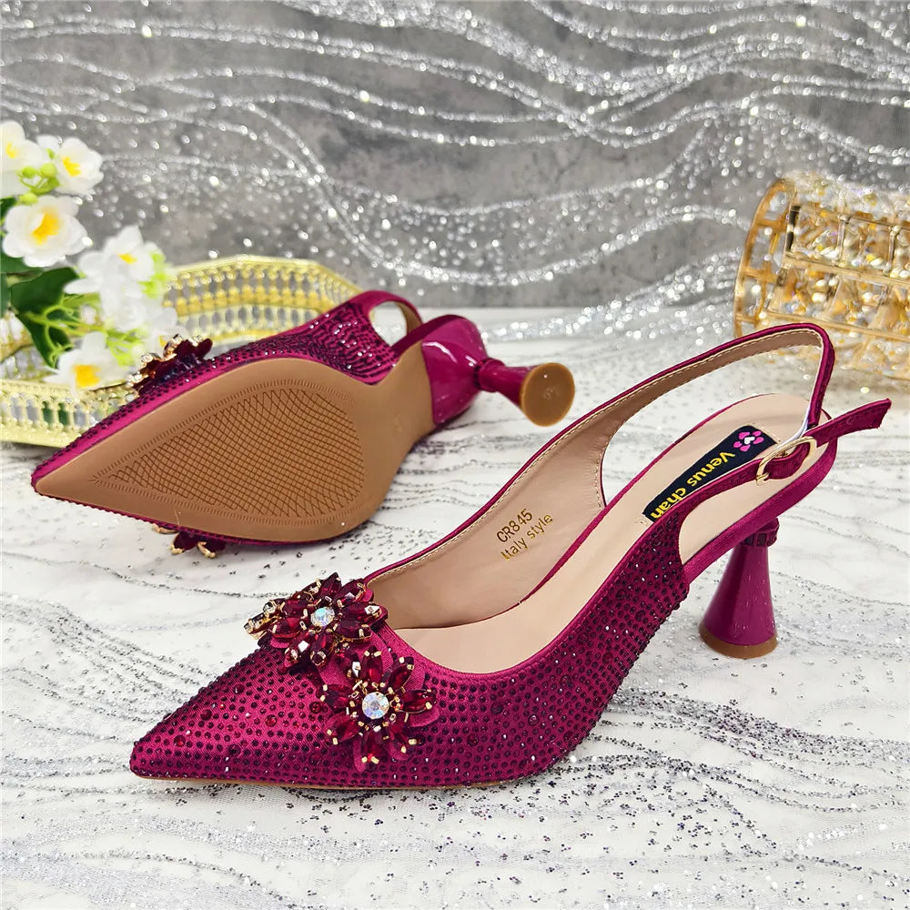Popularity Pointed Toe High Heels Shoes and Bags Set With Rhinestone for Women Wedding Party Elegant Luxury Fashion