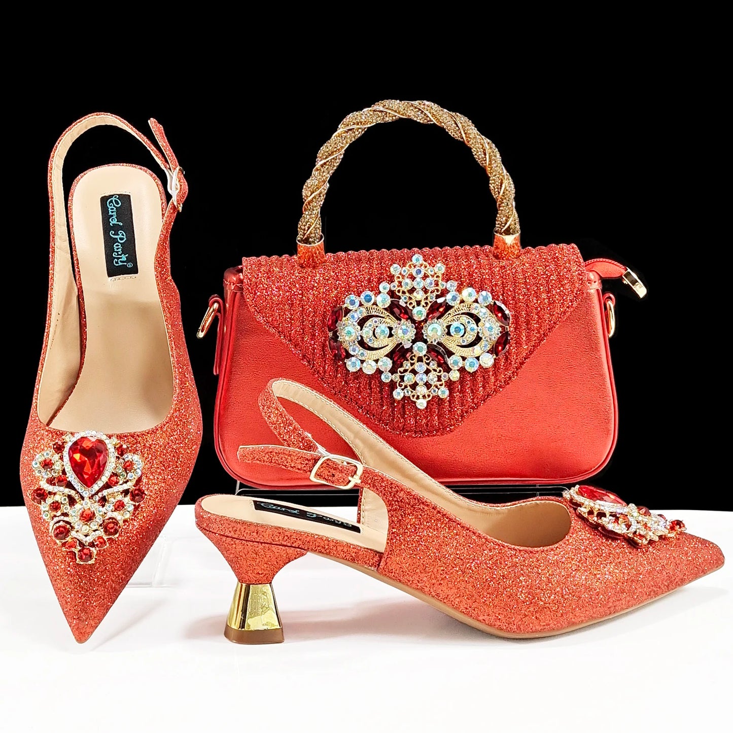 Italian Design Peach Color Pointed Toe Shoe & Bag Set Rhinestone Luxury  Women's High Heels for Parties By QSGFC