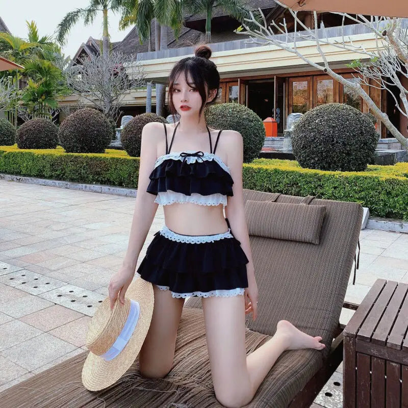 Bikini Sets Women Kawaii Girlish Design Tender Teens Slim Chic Beach Simple Feminino Daily Ruffles Japan Style Cool Sexy