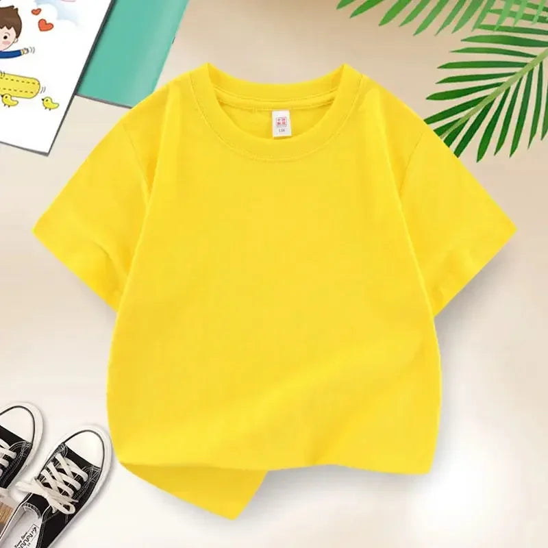 Kids T-shirt Summer Cotton Top Boys Girls Solid Color Blank T-shirt O Neck Round Neck Short Sleeve Pair of White Top T-shirt