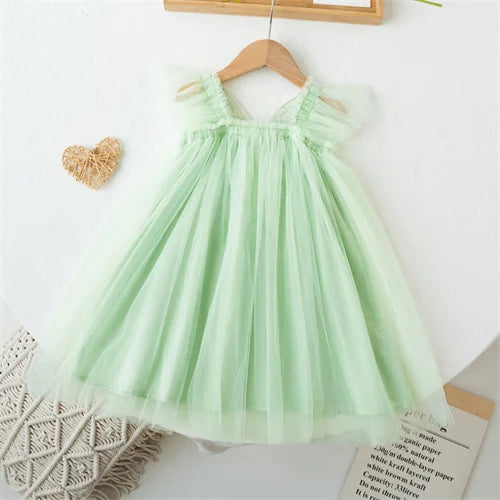 Children's Girl Dresses With Butterfly Wing Fashion Kids Tulle Dress For Girls 2-8Y Summer New Sleeveless Mesh Princess Clothes