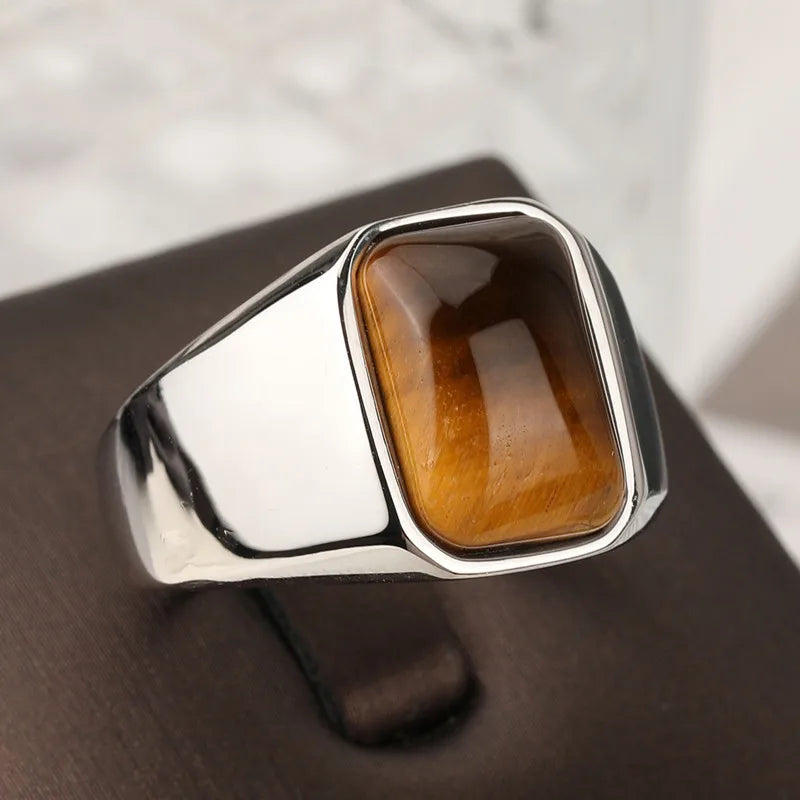 Natural Gemstone Tiger Eye Signet Ring Stainless Steel Waterproof Handmade Jewellery Rings for Men Women Father Boyfriend Gift