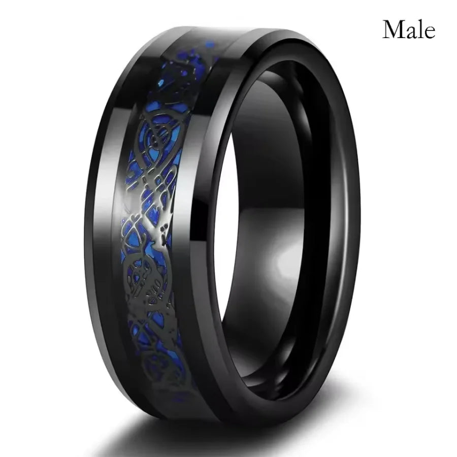 Fashion Couple Rings Romantic Women Heart Blue Rhinestones Zircon Ring Men Stainless Steel Celtic Dragon Ring Jewelry Wholesale