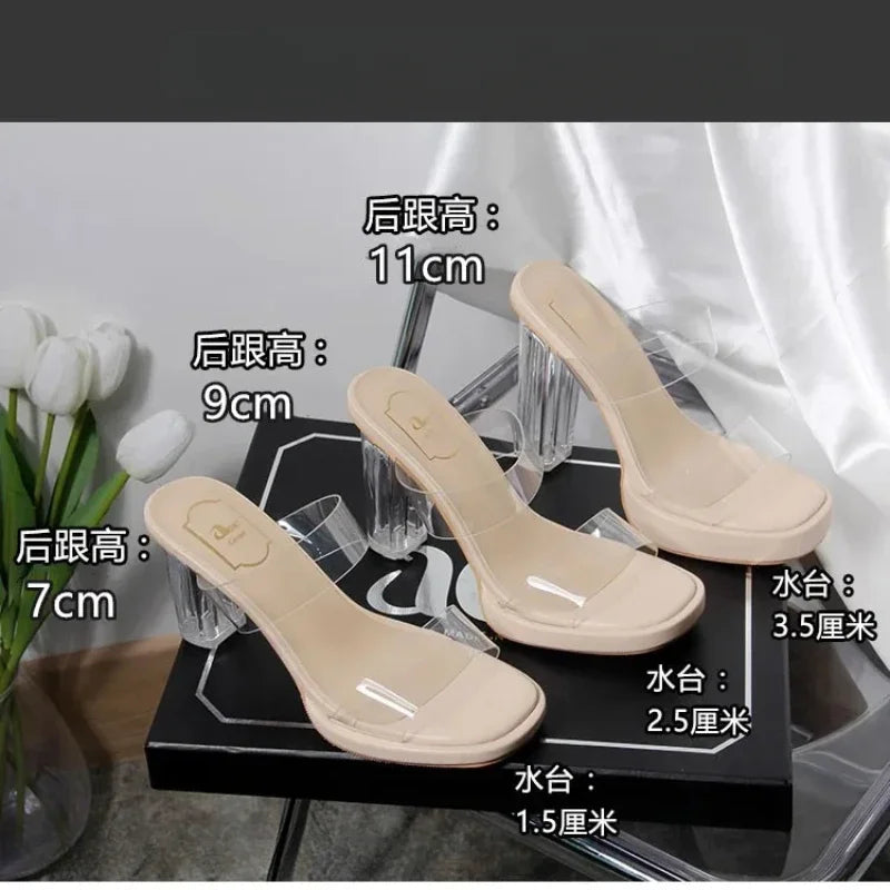 Women's High Heels 2025 Summer New Table  Line Not Tired Feet Thick Crystal Slippers Women's Shoes