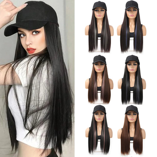 hat wig straight hair Synthetic Long Straight Baseball Cap with Hair Extensions 24 Inch High Quality fiber Adjustable Wig Hat for Women Girls