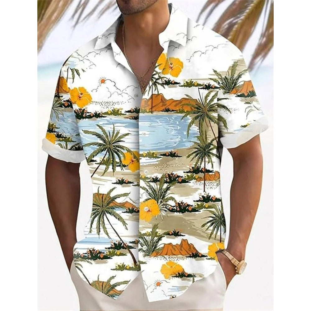Hawaiian Men's Coconut Palm Tropical Plants Shirt Summer Casual Lapel Short Sleeve Shirts Male Outdoor Travel Oversized Clothing