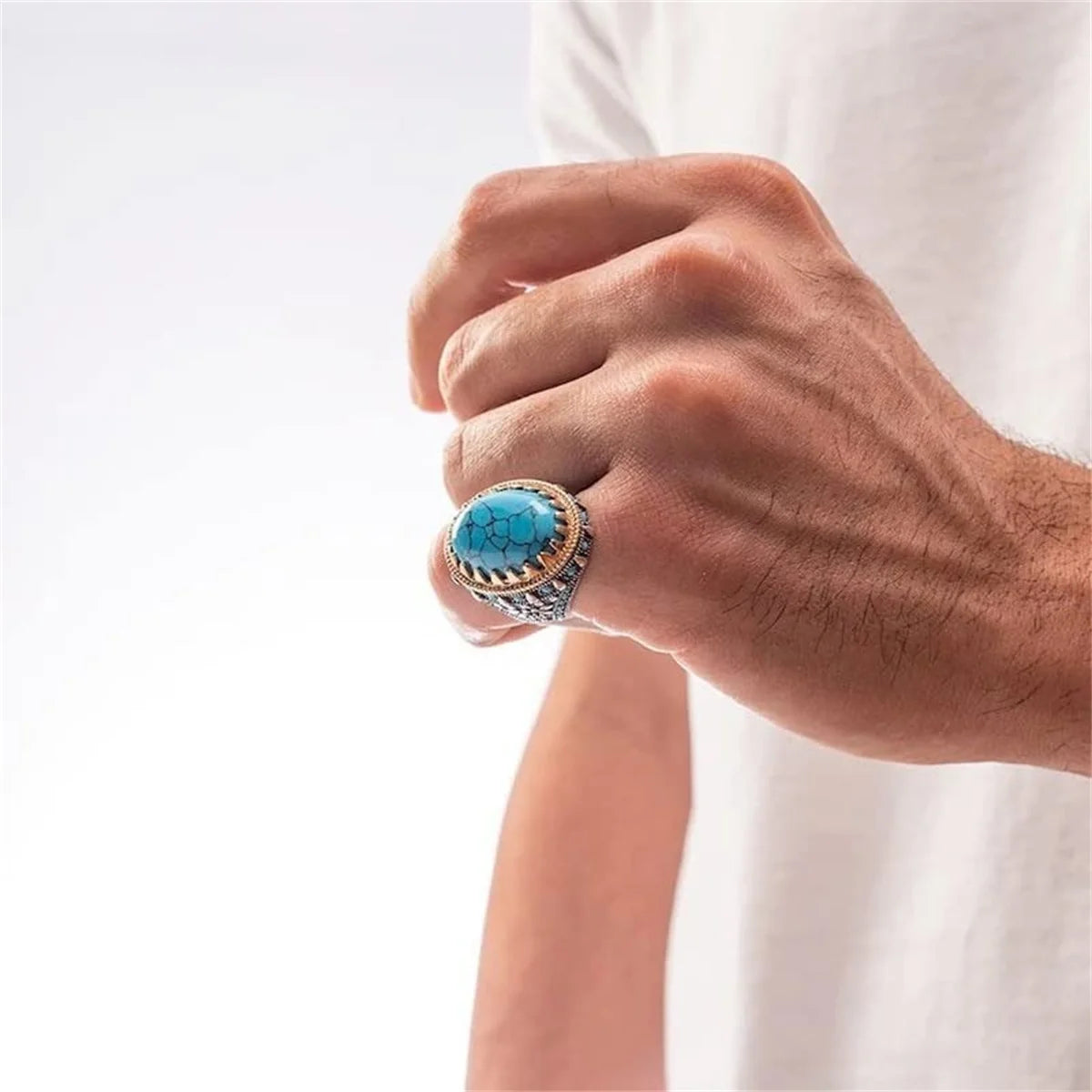 Retro Handmade Turkish Signet Ring Vintage Men's Ancient Metal Turquoise Zircon Rings Men Wedding Party Punk Motor Biker Jewelry