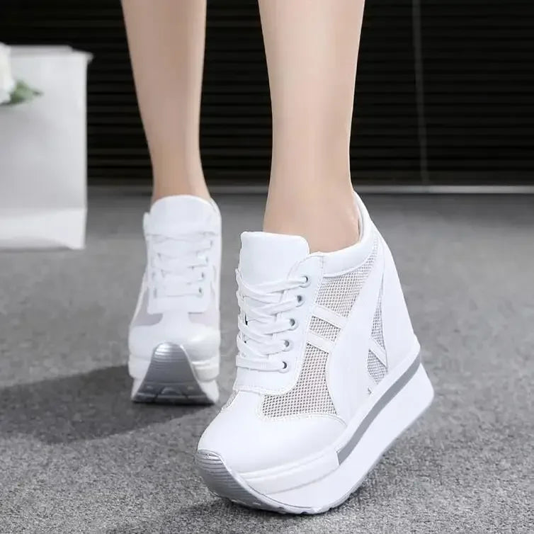 NEW Classic Women Mesh Platform Sneakers White Shoes 10CM High Heel Wedges Outdoor Breathable Casual Shoes Autumn Round Toe 2024