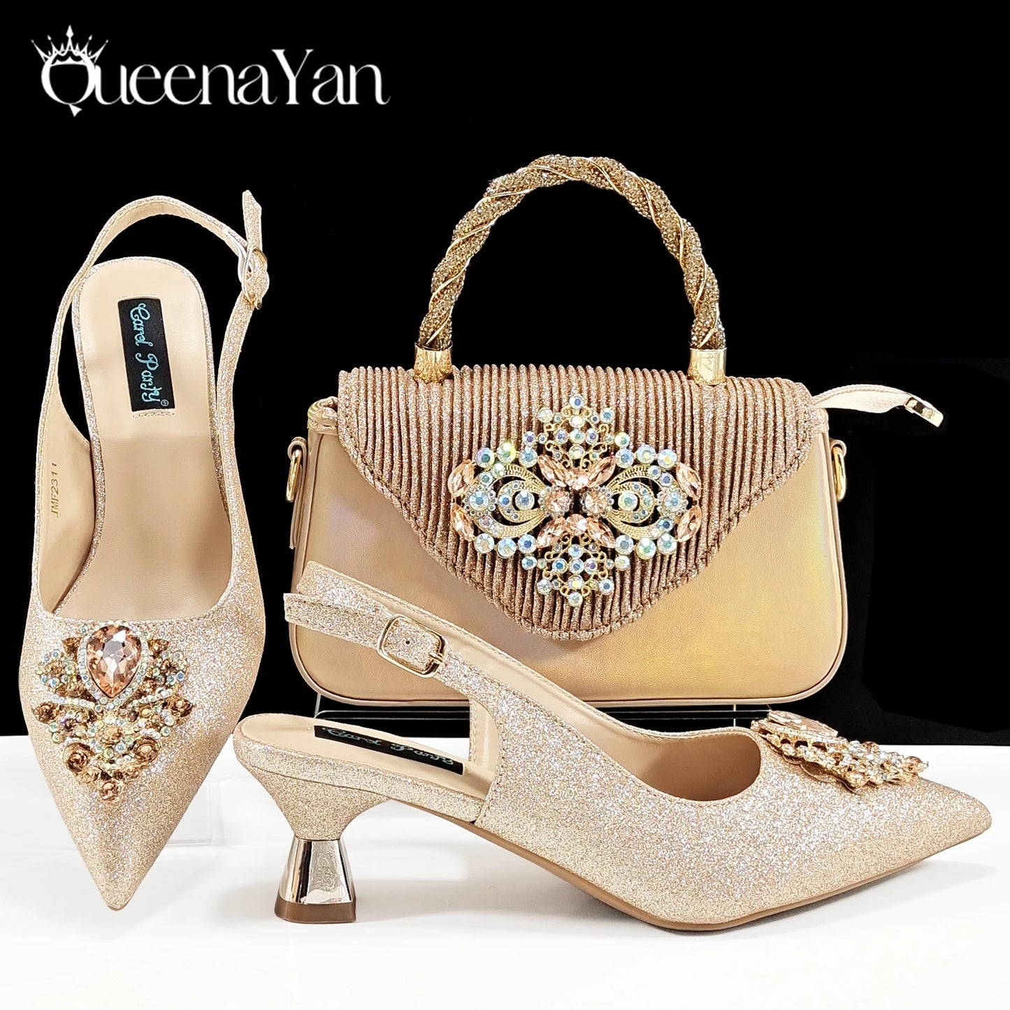 Italian Design Peach Color Pointed Toe Shoe & Bag Set Rhinestone Luxury  Women's High Heels for Parties By QSGFC