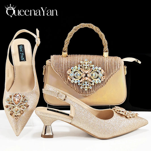 Italian Design Peach Color Pointed Toe Shoe & Bag Set Rhinestone Luxury  Women's High Heels for Parties By QSGFC
