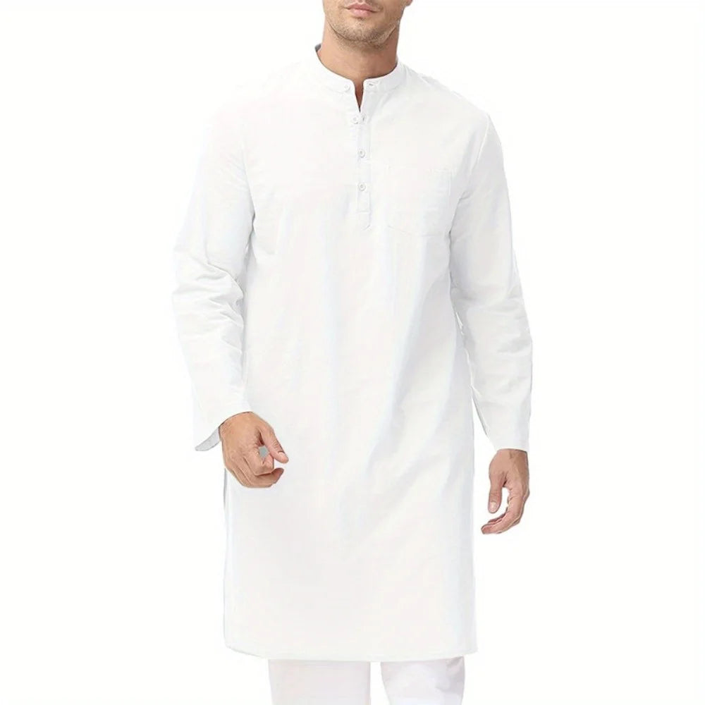 Inheritance of Ethnic Culture! Men's Long-Sleeve Thobe with Side Slits and Buttons, Classic Style of Traditional Ethnic Clothing