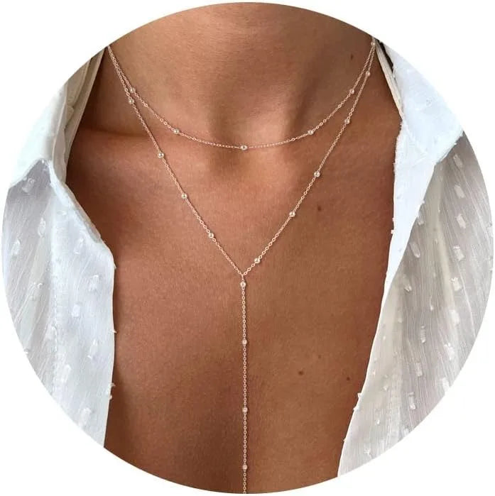Gold Necklace for Women 14k Gold Plated/Silver Y-Shaped Pendant Necklace Layered Beaded Chain Drop Necklaces For Women Gift