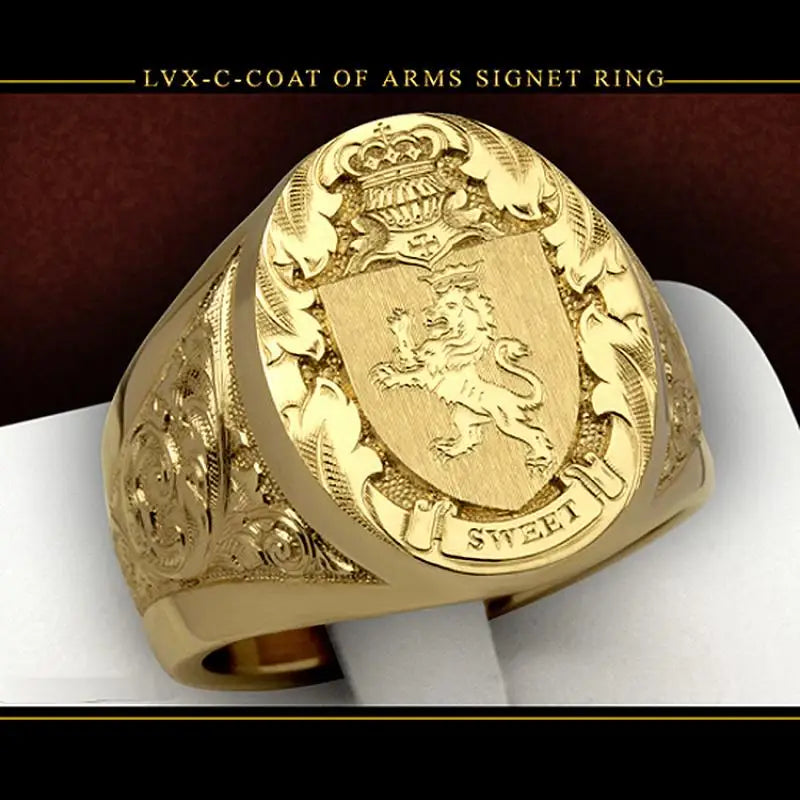 Luxury Gold Plated Coat of Arms Sweet Signet Engraved Ring For Mens Womens Hip Hop Dance Party Court Style Jewelry Gift