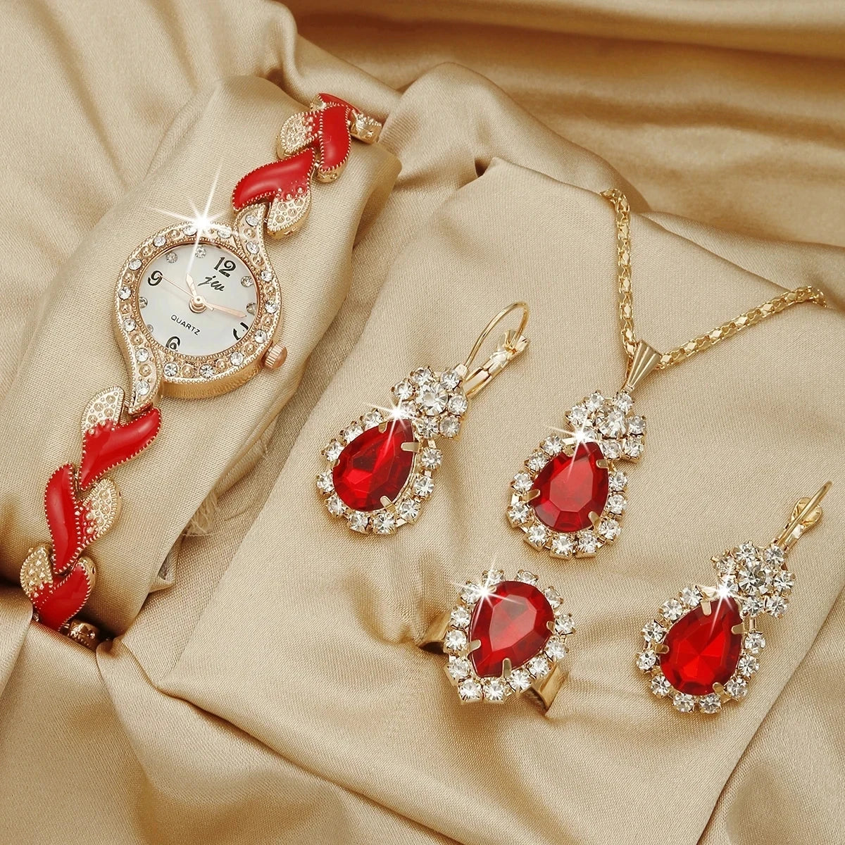 Women Watch Hand Jewelry Set Diamond Bracelet Watch + Water Drop Jewelry Set 5pcs/Set