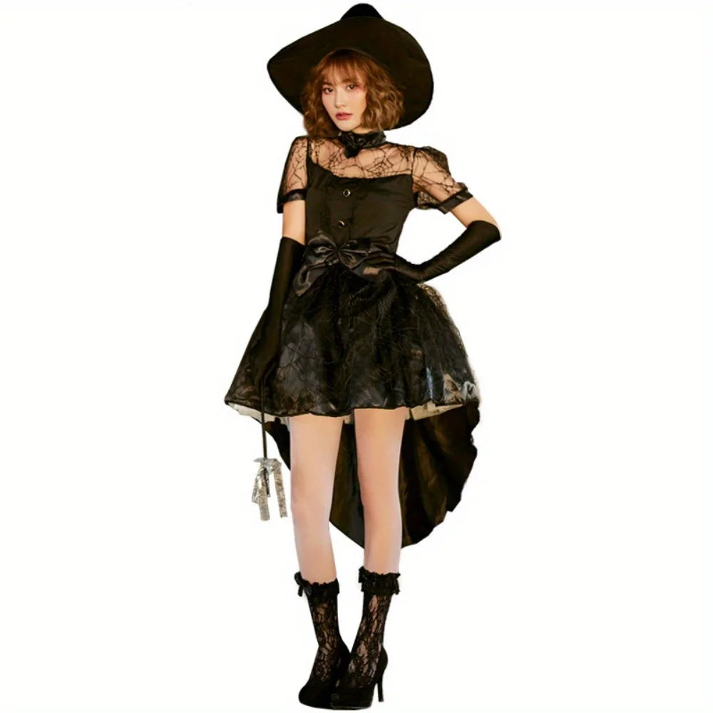 Halloween Black Mesh Hollow Witch Tailcoat Costume: Gothic Sorceress Cosplay Outfit for Party Performances