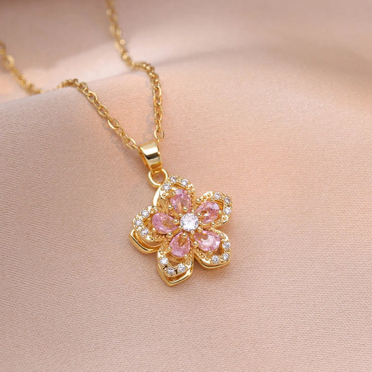 Light Luxury Shiny Zircon Rotatable Flower Pendant Necklace For Women Stainless Steel Romantic Spin Floral Plant Choker Jewelry
