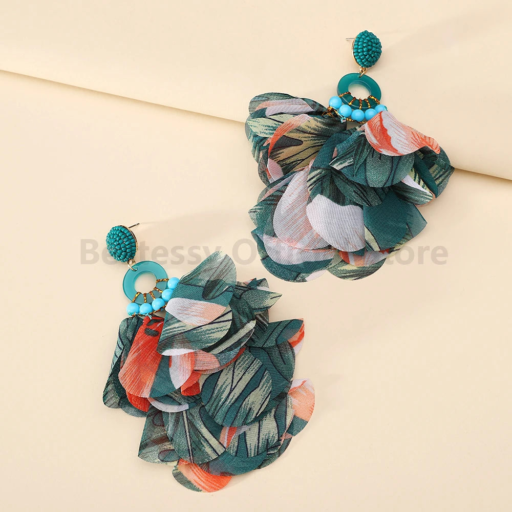 Boho Multicolor Cotton Flower Petal Dangle Earrings For Women Luxury Elegant Handmade Beaded Tassel Ear Pendant Fashion Jewelry