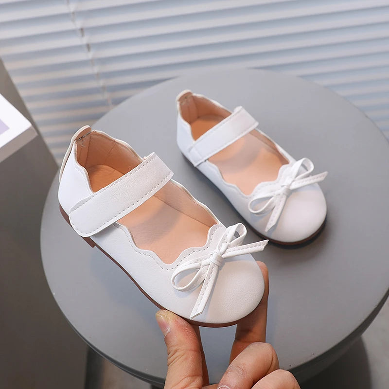 Little Girl's Princess Shoes Spring Black White Bowtie Cute Children Flat Shoe Shallow Matte Pu Leather Comfy Kids Shoe 21-30