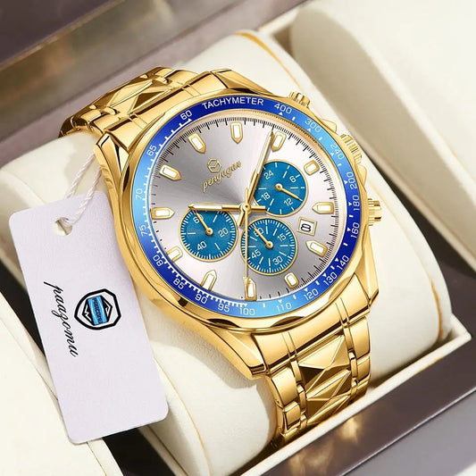 POEDAGAR Luxury Gold Watches Men Business Waterproof Luminous  Fashion Stainless Steel Date Week Band Male's Quartz Watch Reloj