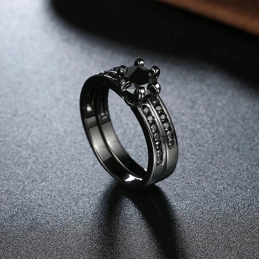 Fashion Couple Rings Women's Black Rhinestones Zirconia Rings Set Men's Stainless Steel Zirconia Rings Wedding Band Jewelry Gift