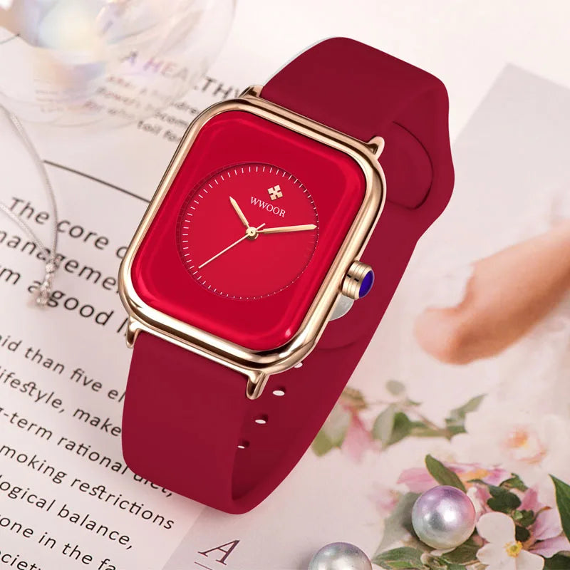 WWOOR Luxury Brand Red Square Watch For Women Quartz Watch Elegant Dress Ladies Wristwatch Simple Female Clock Relogio Feminino