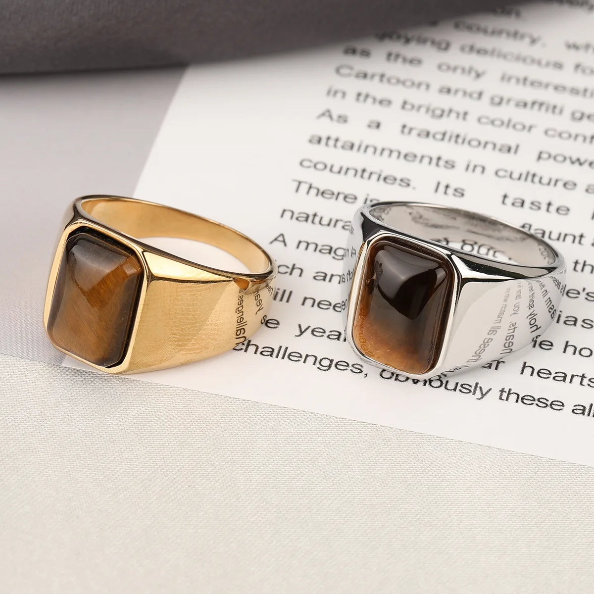 Natural Gemstone Tiger Eye Signet Ring Stainless Steel Waterproof Handmade Jewellery Rings for Men Women Father Boyfriend Gift