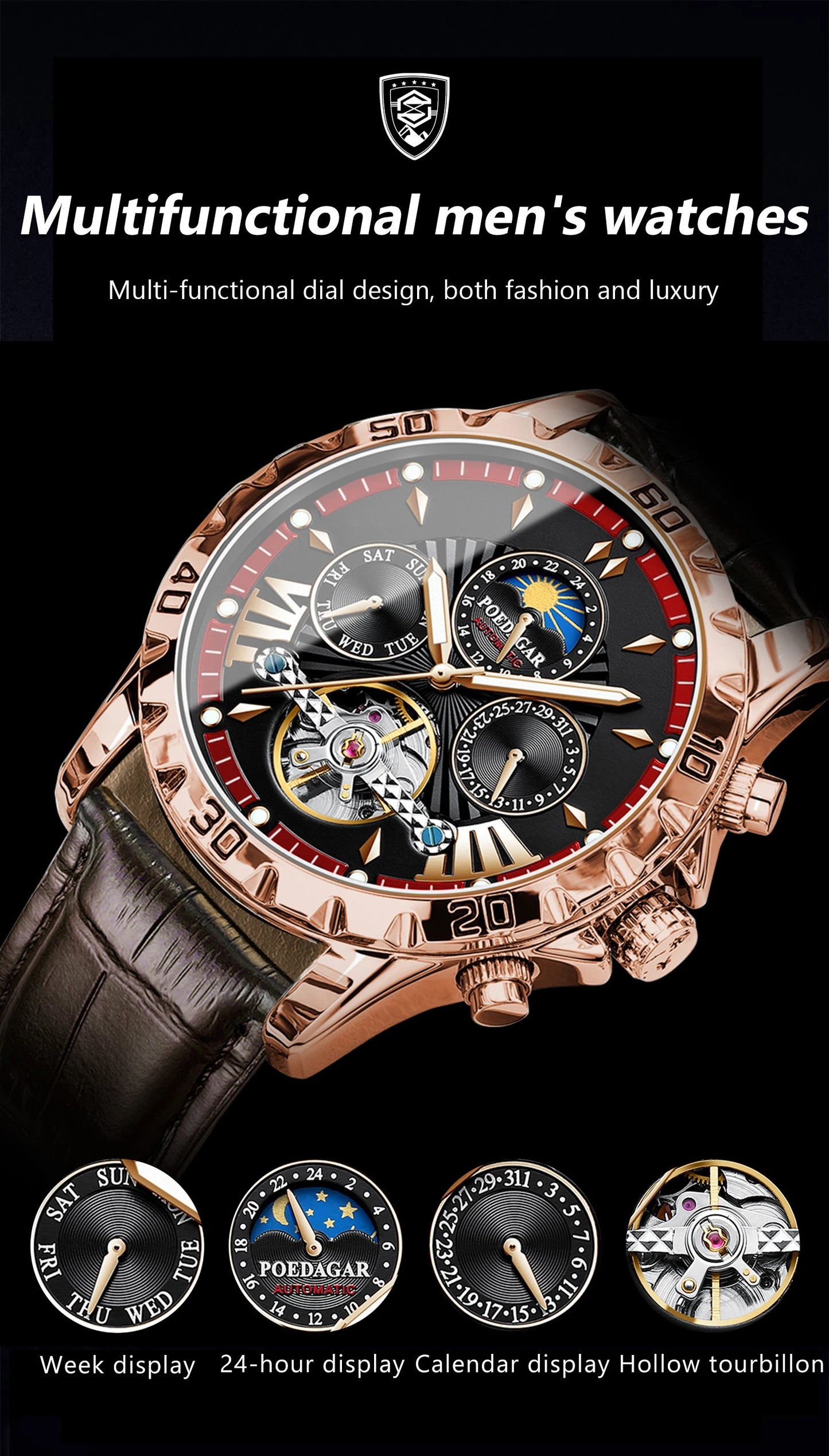 POEDAGAR Luxury Automatic Mechanical Wristwatch Waterproof Luminous Date Week Tourbillon Leather Men Watch Men's Fashion Watches