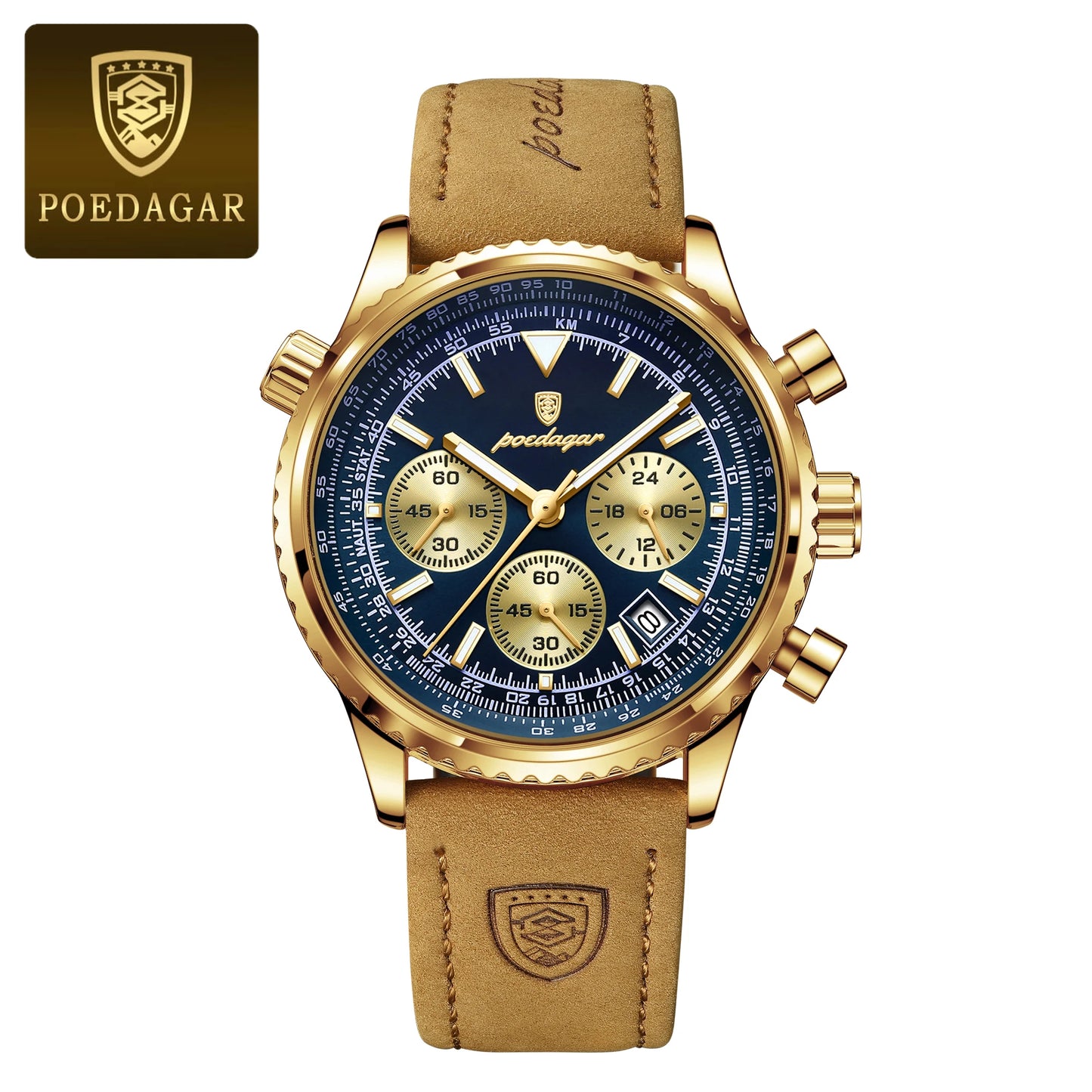 POEDAGAR Fashion High Quality Men Clock Chronograph Waterproof Luminous Calendar Man Wristwatch Leather Quartz Men's Watches+Box