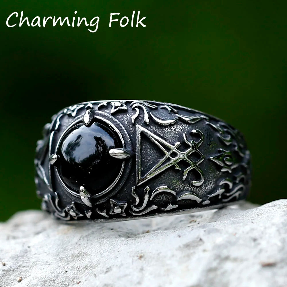 Men's Lucifer Satan Signet Ring With Black Stone Stainless Steel Vintage Jewelry Size 7