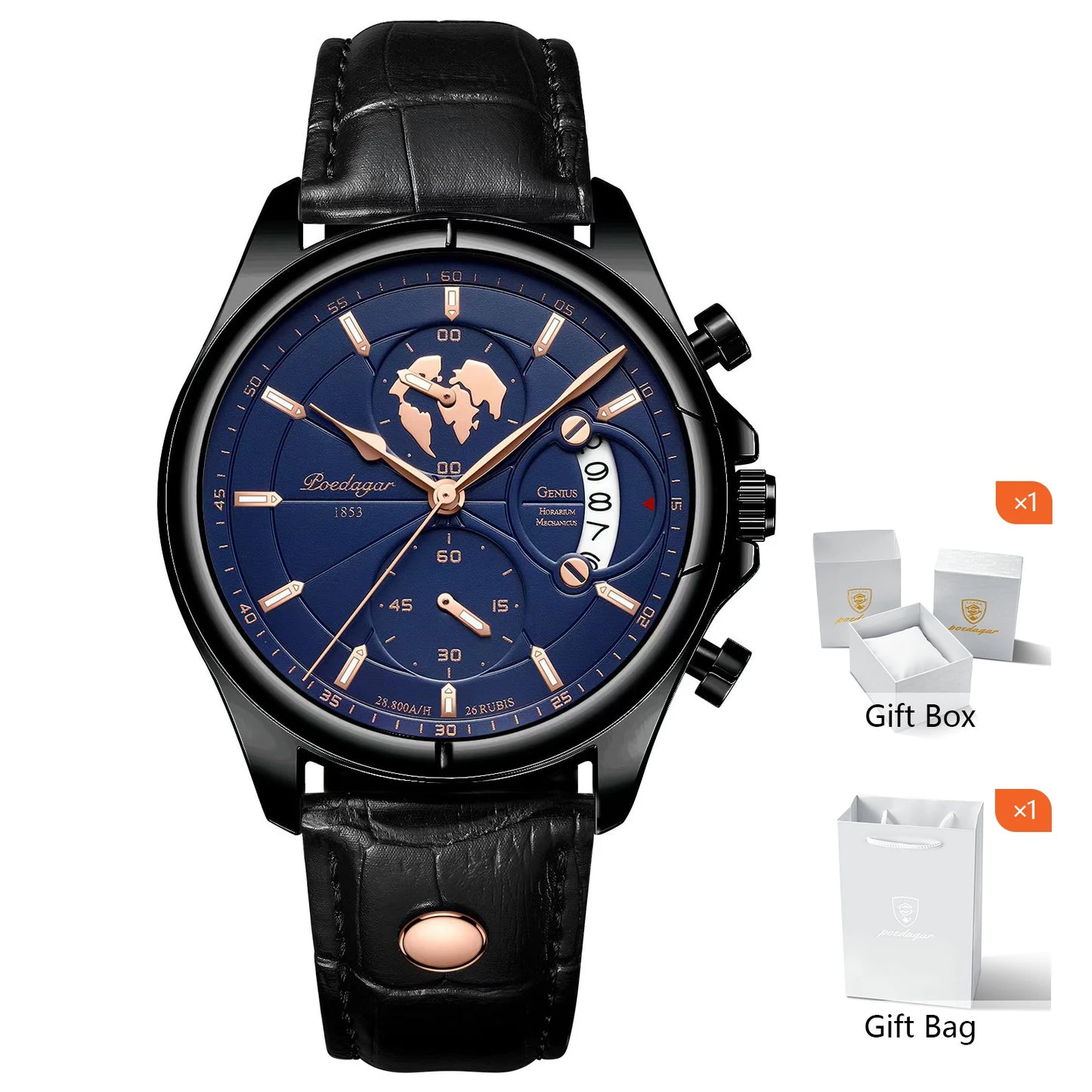 POEDAGAR Luxury Watches For Men Chronograph Date Waterproof Luminous Man Watch Leather Quartz Business Men's Watch with Box Gift