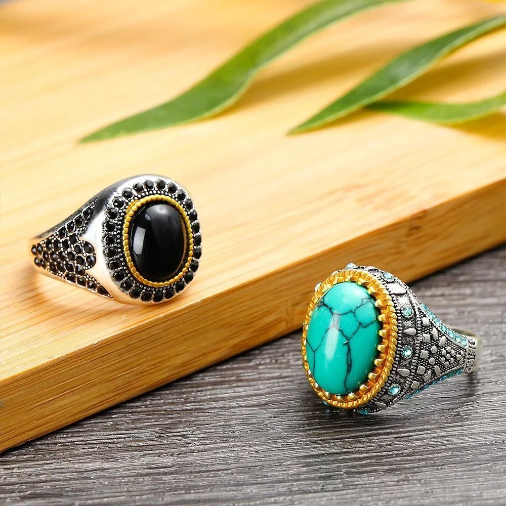Retro Handmade Turkish Signet Ring Vintage Men's Ancient Metal Turquoise Zircon Rings Men Wedding Party Punk Motor Biker Jewelry