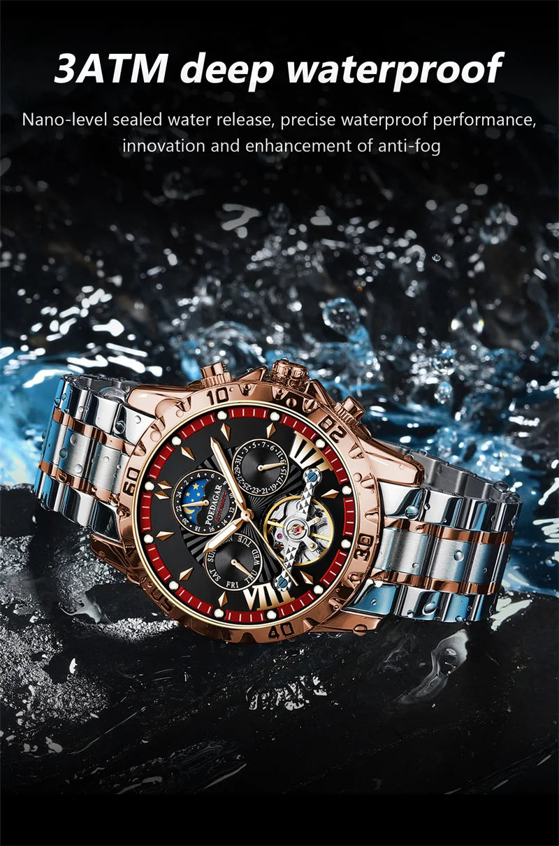 POEDAGAR Brand Luxury Tourbillon Mechanical Watch for Men Waterproof Luminous Date Week Stainless Steel Hollow Watches Men's