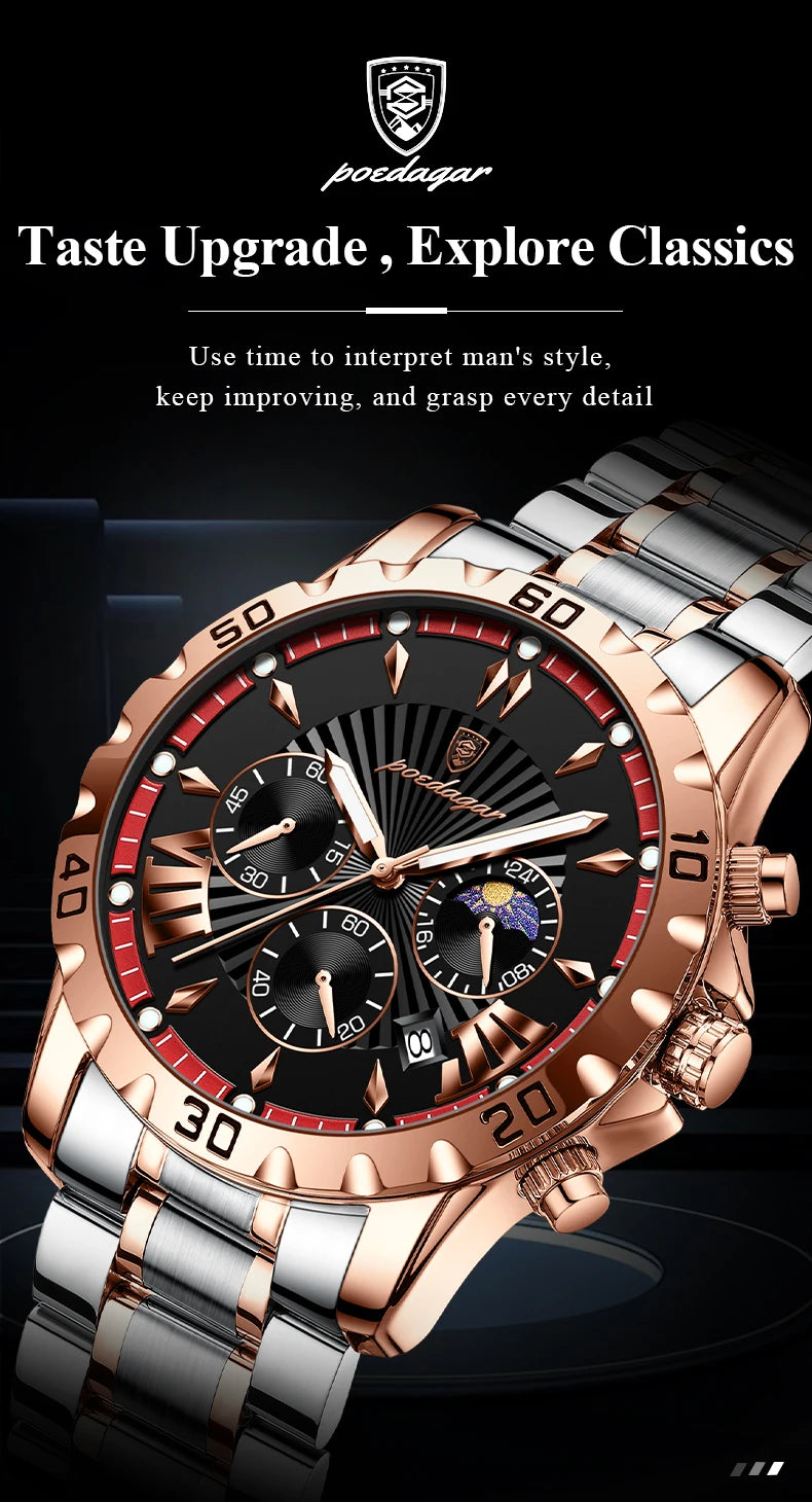 POEDAGAR Luxury Sport Man Watch Chronograph Luminous Waterproof Date Men Watch High Quality Stainless Steel Men's Quartz Watches