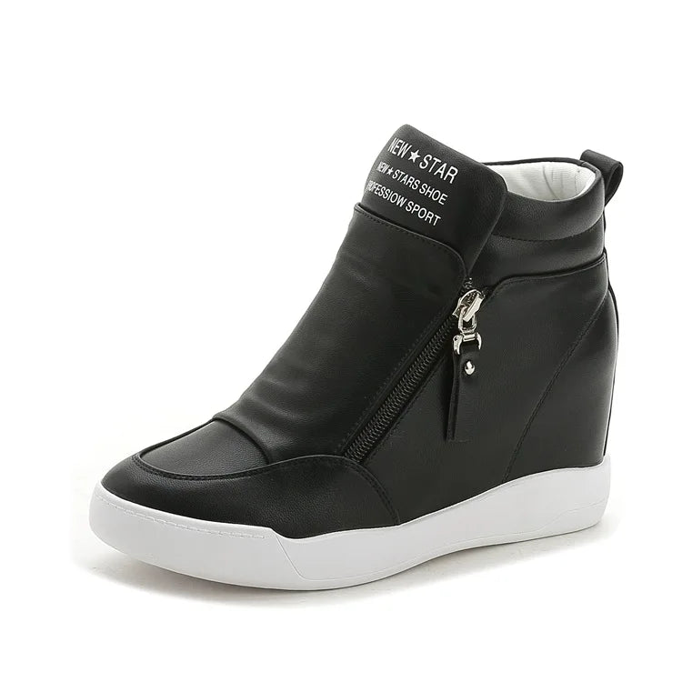 Women Casual Sneakers White PU Platform Shoes Ladies Wedge Sports Shoe Fashion Woman Black Chunky Side Zipper Vulcanized Shoes