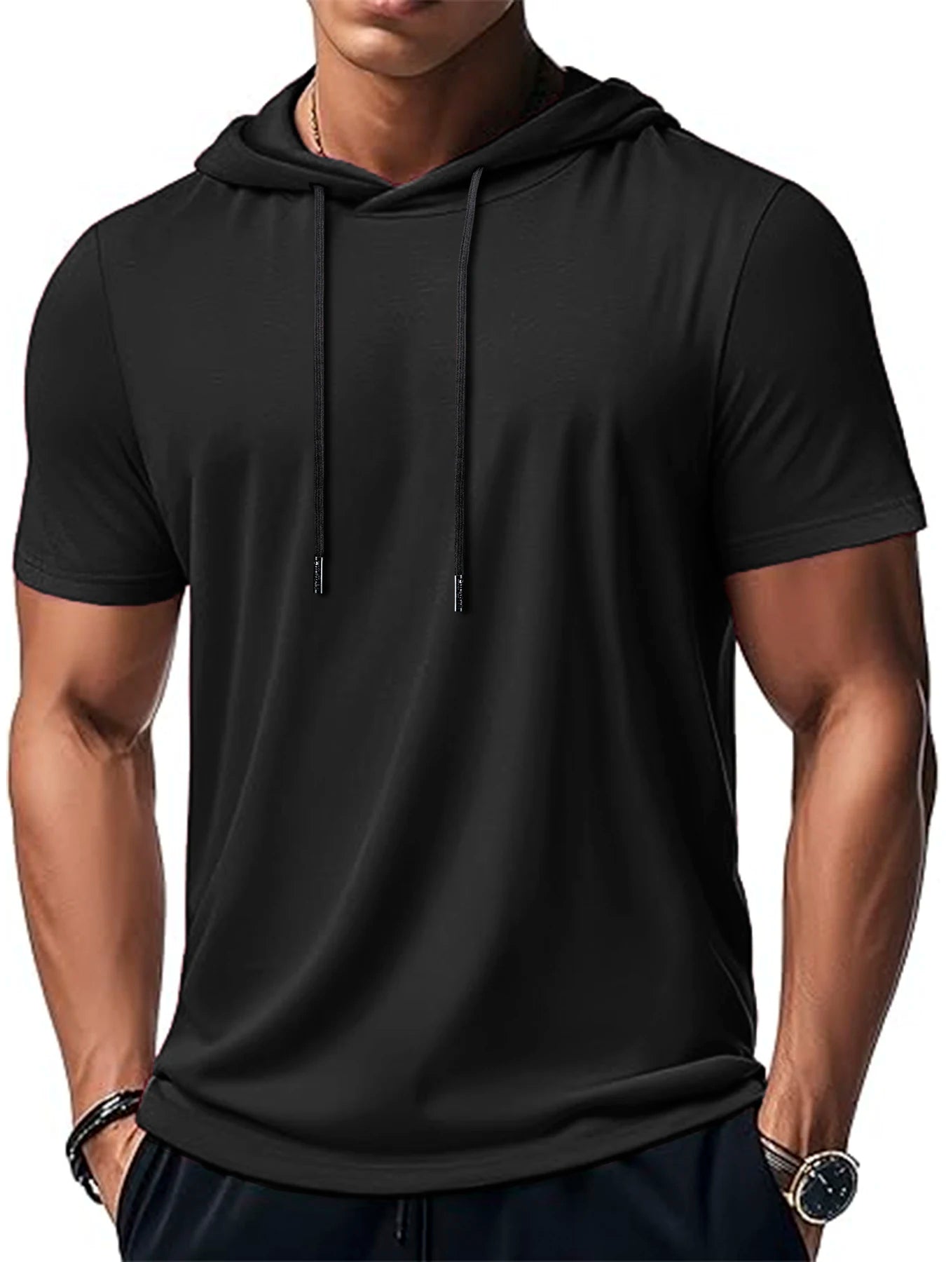 New Mens Short Sleeve Loose T-shirt Multi Solid Color Lightweight Hoodie Fitness Breathable Collar Tops Summer Hooded Sweatwear