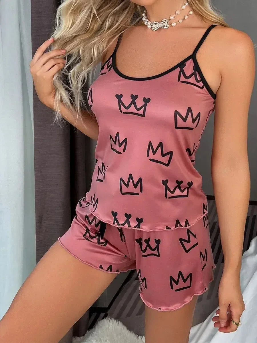 Sleepwear Women 2 Pieces Pajama Set Sexy Lingerie Love Printed Sleeveless Cami Top & Shorts Sets Loungewear Pijamas