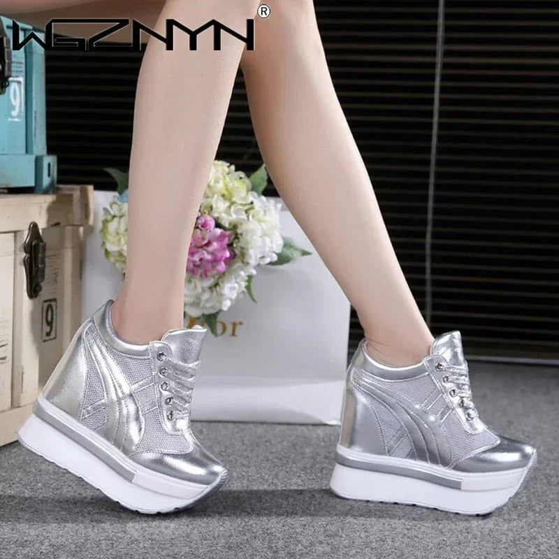 NEW Classic Women Mesh Platform Sneakers White Shoes 10CM High Heel Wedges Outdoor Breathable Casual Shoes Autumn Round Toe 2024