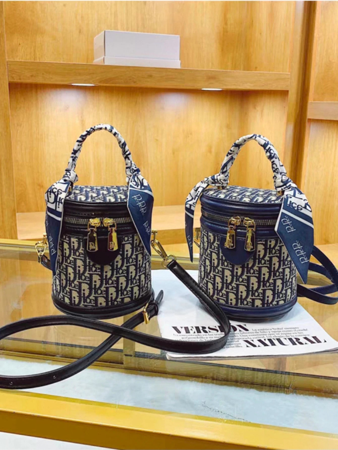 Lightweight Fabric Shoulder Bag, Blue/Black Letter Design, Detachable Strap & Scarf, Casual/Travel Bag for Women