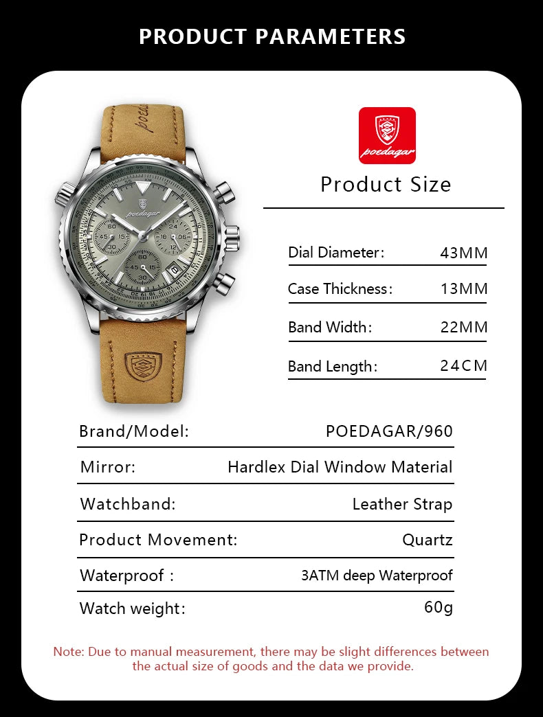 POEDAGAR Fashion High Quality Men Clock Chronograph Waterproof Luminous Calendar Man Wristwatch Leather Quartz Men's Watches+Box
