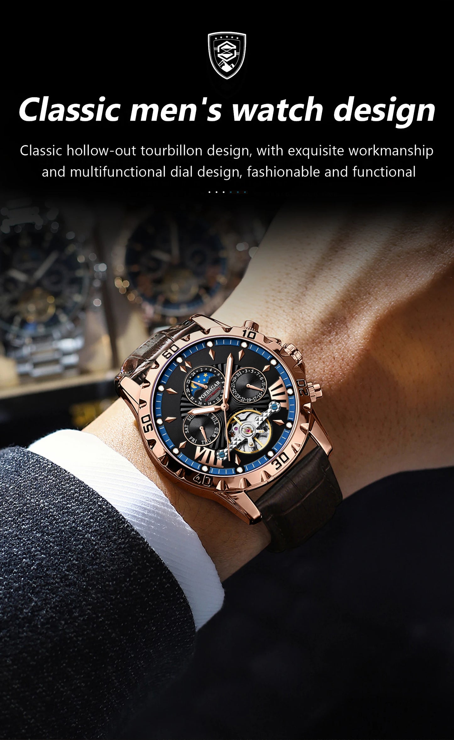 POEDAGAR Luxury Automatic Mechanical Wristwatch Waterproof Luminous Date Week Tourbillon Leather Men Watch Men's Fashion Watches