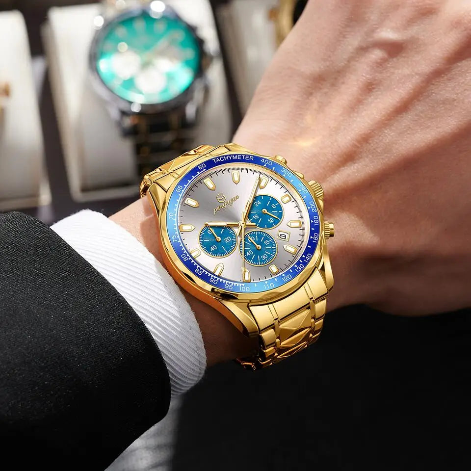 POEDAGAR Luxury Gold Watches Men Business Waterproof Luminous  Fashion Stainless Steel Date Week Band Male's Quartz Watch Reloj