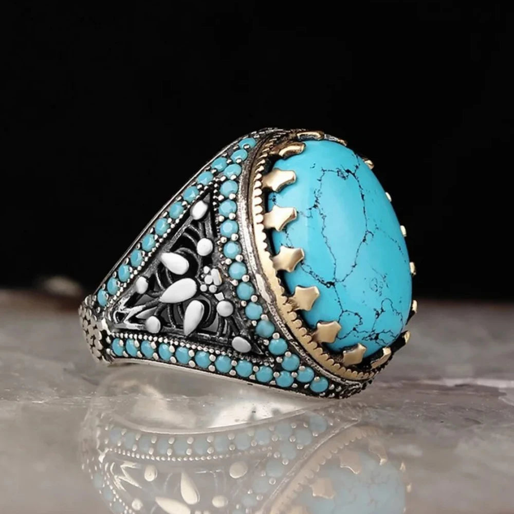 Retro Handmade Turkish Signet Ring Vintage Men's Ancient Metal Turquoise Zircon Rings Men Wedding Party Punk Motor Biker Jewelry
