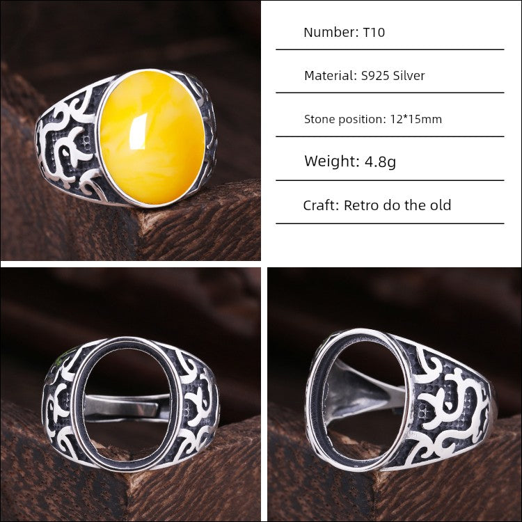 S925 Sterling Silver Ring Frame DIY Inlaid Beeswax Turquoise Amber South Red Ring Gem Opening Men Square Ring Setting