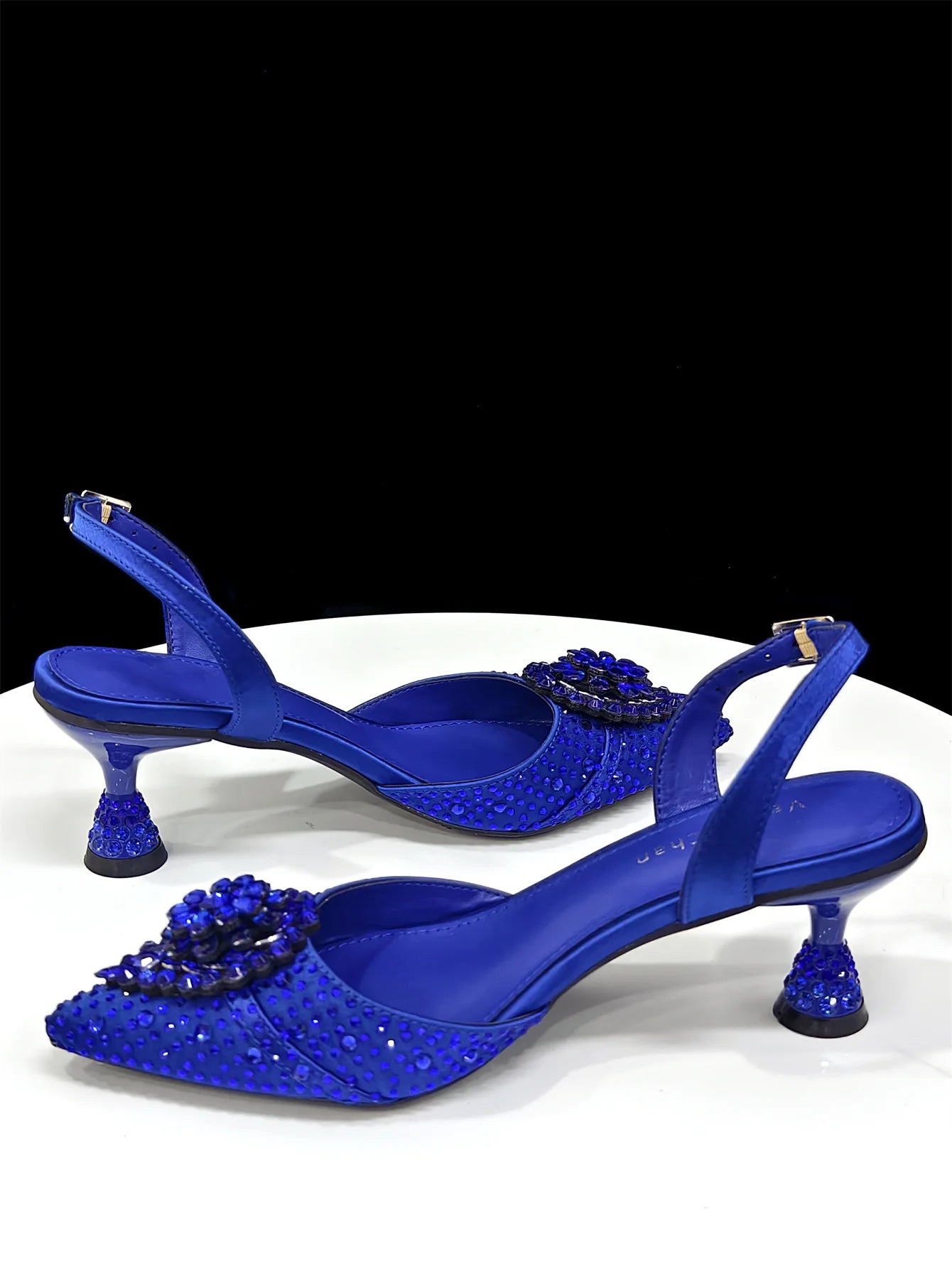 Pointed Toe High Heels Sandals for Women 2025 Elegant Blue Diamond Pumps Italian Shoes and Bags Matching Set