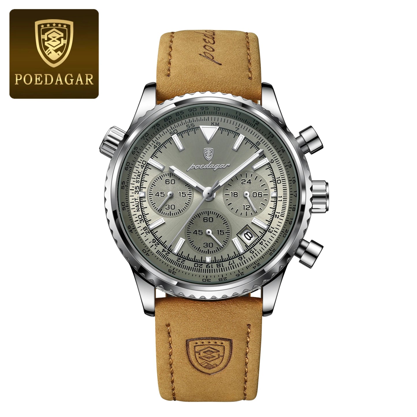 POEDAGAR Fashion High Quality Men Clock Chronograph Waterproof Luminous Calendar Man Wristwatch Leather Quartz Men's Watches+Box